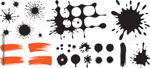 Assorted black paint splatters ink splotches and orange brush strokes on a clean white background