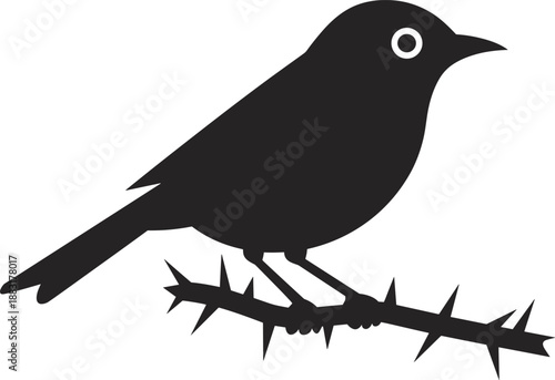 Bird silhouette on branch icon, black and white perched songbird vector illustration, minimal wildlife symbol, isolated background design