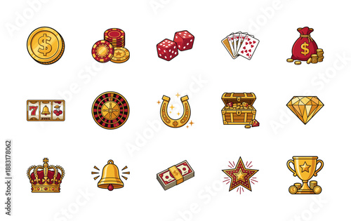 Bold Outline Cartoon Casino Gaming Illustration Element Kit for Jackpot and Wealth Themed Apps