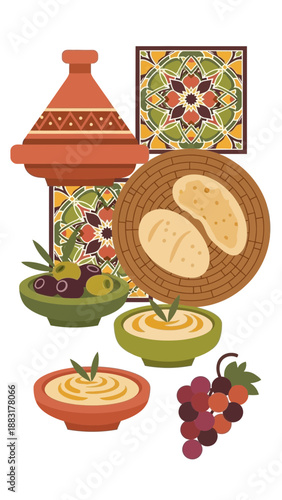 Vibrant Culinary Delight: A Fusion of Spices, Olives, Flatbread, and Grapes Artfully Composed
