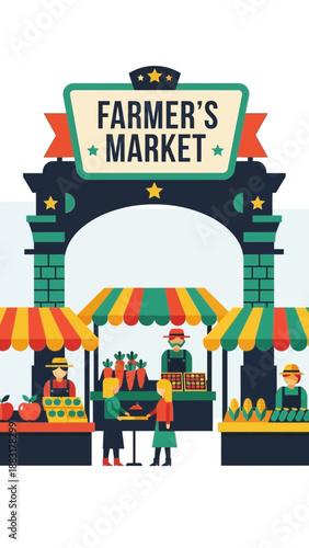 Vibrant Farmer's Market Illustration Showcasing Fresh Produce and Community Gatherings