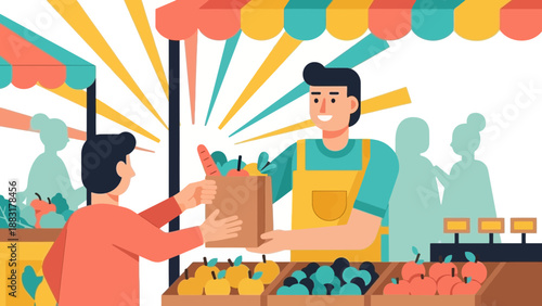 Vibrant Farmers Market Scene Depicting Fresh Produce Transaction and Community Interaction