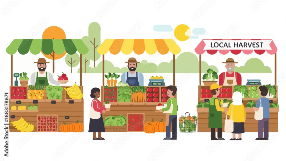 Fototapeta premium Vibrant Farmers Market Scene Showcasing Fresh Produce And Community Gathering Spot