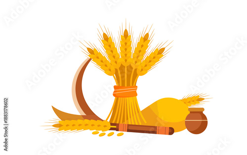 Harvest celebration with golden wheat and traditional tools