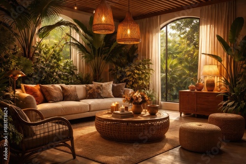 Tropical greenery and chic interior elements combine in this stylish living room setting