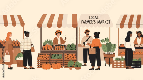 Vibrant Farmers Market Scene Showcasing Fresh Produce And Community Gathering Illustration
