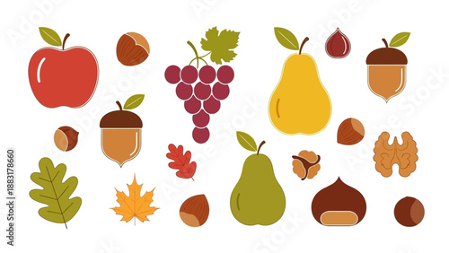 Vibrant Autumn Harvest Collection With Various Fruits, Nuts And Fall Foliage Elements