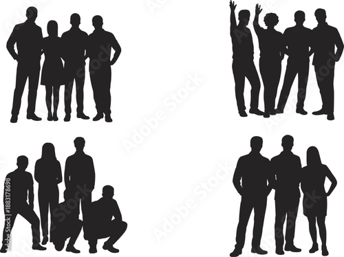 Business people silhouettes collection, group teamwork standing poses, corporate men and women vector illustration isolated on white