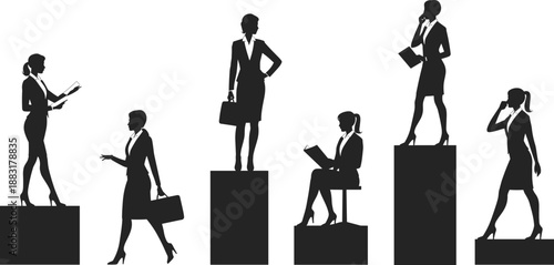 Businesswomen leadership concept, professional women silhouettes, career growth, corporate success, teamwork, equality, empowerment, office communication, managerial roles, strategy.