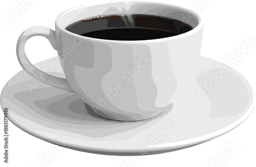 White ceramic cup of hot black coffee with steam isolated on dark transparent background for cafe restaurant breakfast morning and beverage design.