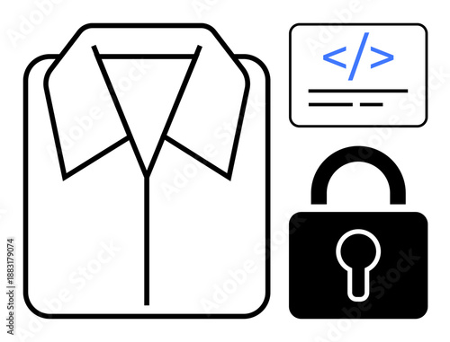 Digital identity, online security, coding technologies, data protection, accessibility, authentication. ion includes a shirt icon, lock and coding badge. Digital identity and online security theme
