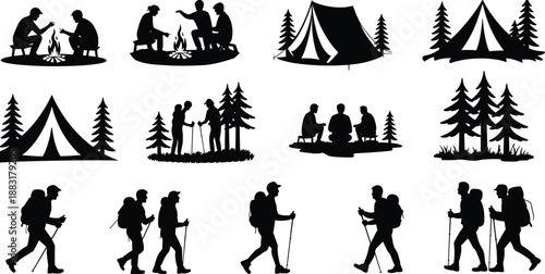 Camping and hiking silhouette set, tent, forest, campfire people, outdoor adventure icons, trekking traveler illustration, vector pack.