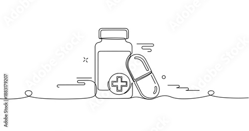 Line drawing of medicine bottle with capsule and healthcare symbol, no editable stroke