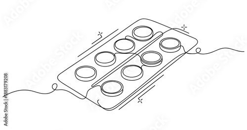 Line art of medication blister pack with tablets, no editable stroke