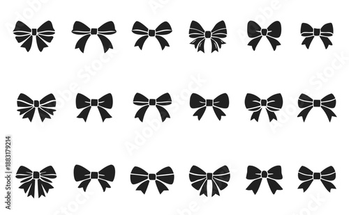 Collection of eighteen black ribbon bow silhouettes in different styles and knot shapes. Elegant decorative gift toppers isolated on white for wedding, holiday, branding.