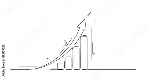 Line art of a growing bar graph with upward arrow and checkmark, no editable stroke