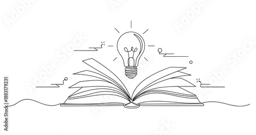Open book with glowing light bulb symbolizing innovation and knowledge, no editable stroke