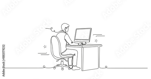 Caucasian male adult working at computer desk in minimalist line art style, no editable stroke