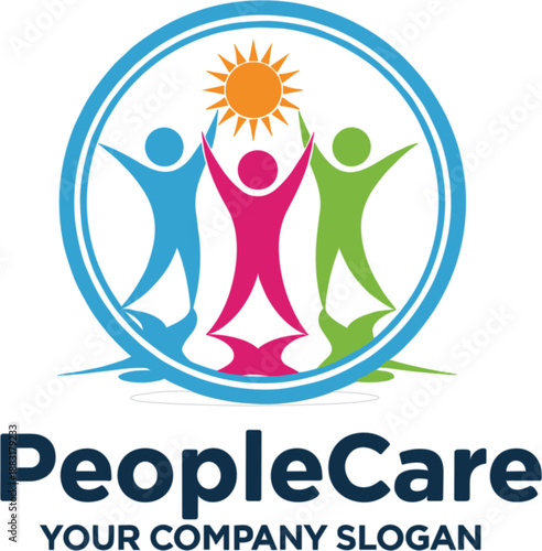 Colorful people care community logo vector with human figures and sun symbol for charity foundation non-profit organization or healthcare business.