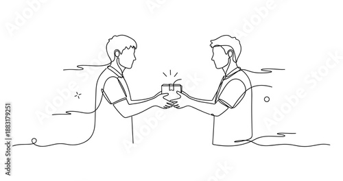 Continuous line art of two young caucasian males exchanging gift, no editable stroke