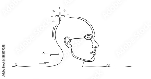 Minimalist line art: human head profile with cross symbol and abstract elements, no editable stroke