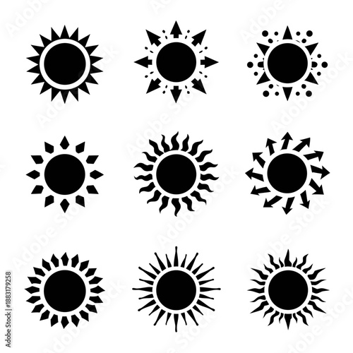 Set of nine black sunburst icons with different rays, arrows and dotted accents, isolated on white. Minimal solar symbols for summer, weather, energy and decoration.