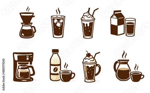 Hand drawn coffee and milk drinks set with pour over, espresso machine, cappuccino, frappe and iced coffee icons in brown vintage style, isolated on white background.