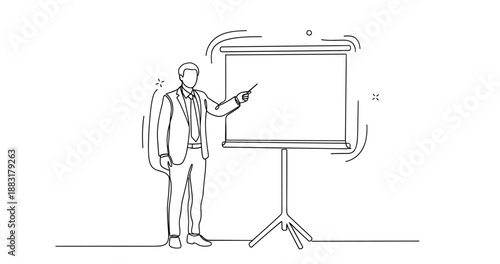 Caucasian male adult presenter with flip chart in business meeting sketch, no editable stroke