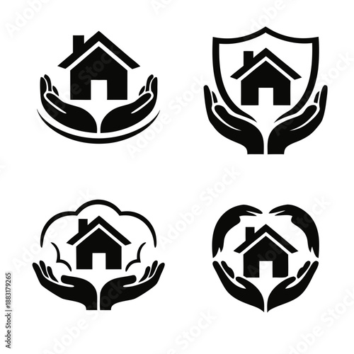 Home protection and insurance icons showing a house held in caring hands, shield and safety shapes. Black silhouette set isolated on white for real estate and security.