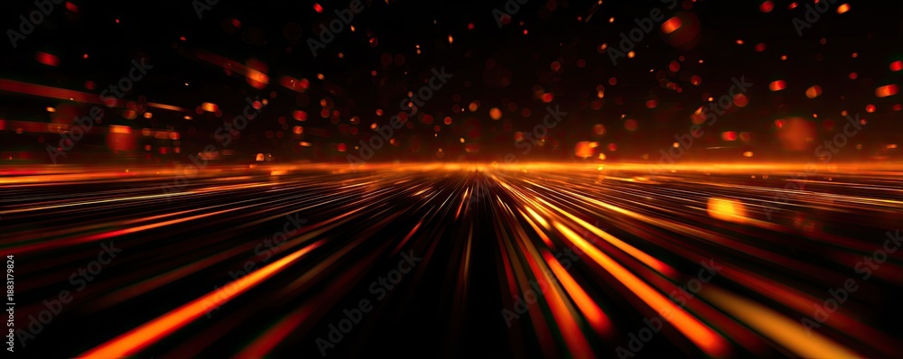 Fototapeta premium A perspective view of illuminated linear light streaks, with floating specks against a dark backdrop