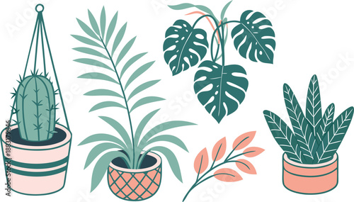 Cartoon Color House Plants Set 3d Isometric View Include of Cactus, Philodendron and Succulent. A clean vector illustration set of indoor house plants in 3D isometric view,  Vector illustration
