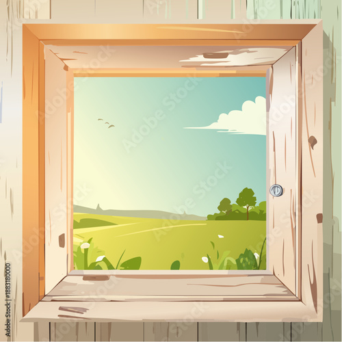 Paysage encadré – scène naturelle vue à travers un cadre mural rustique, design intérieur