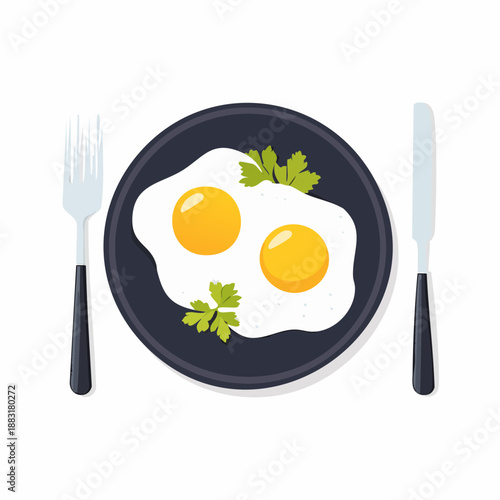 Petit-déjeuner minimaliste : œufs au plat sur assiette noire design moderne