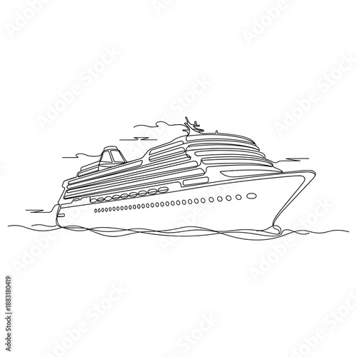 Elegant cruise ship illustration in continuous line art style. No editable strokes
