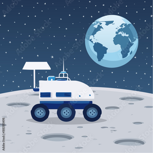 Rover lunaire futuriste sur la Lune – exploration spatiale et technologie, planète Terre au loin en arrière plan