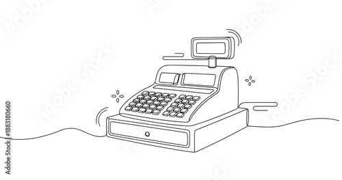 Vintage cash register line art illustration with display screen and drawer. No editable strokes