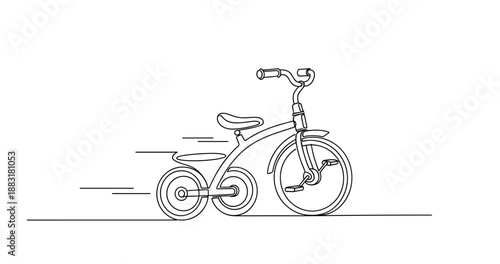 Line art of a children's tricycle with training wheels and motion lines. No editable strokes