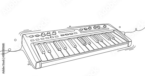 Line drawing of electronic keyboard with control knobs and buttons. No editable strokes