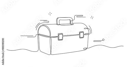 Minimalist line drawing of a toolbox with sparkles and movement lines. No editable strokes