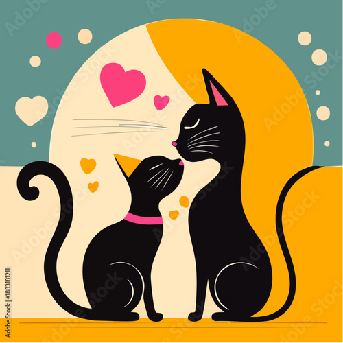 Deux chats noirs amoureux devant un soleil stylisé