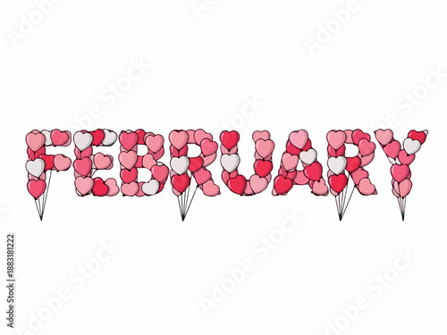 February Celebration Festive Word Art Composed of Pink and Red Heart-Shaped Elements for Romantic Holidays