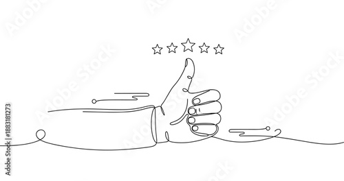 Continuous line drawing of hand giving thumbs up with five stars. No editable strokes