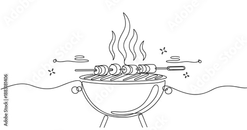 Line art bbq grill with skewered marshmallows and flames. No editable strokes