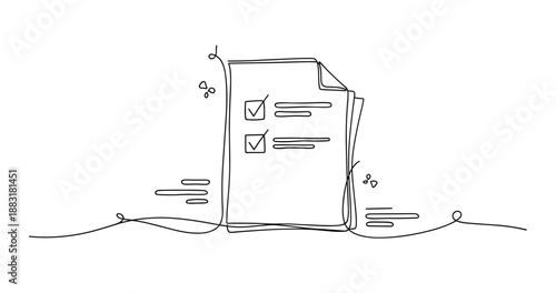 Minimalist continuous line drawing of checklist with checkmarks and decorative elements. No editable strokes