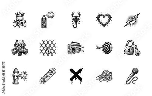 Detailed Engraving Urban Underground Culture Element Kit for Grunge Streetwear and Punk Apparel