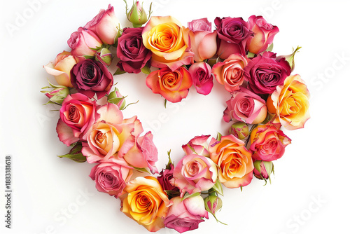 Heart of roses. Beautiful ornamental wreath in the shape of heart made of natural multicolored roses isolated on white
