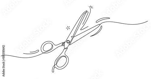 Minimalist line art of scissors cutting paper with dynamic flowing motion. No editable strokes