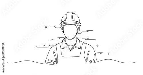 Line art of unidentified construction worker in hard hat and overalls. No editable strokes