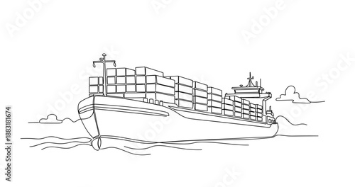 Monochrome line drawing of cargo ship with containers at sea. No editable strokes