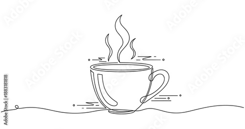 Minimalist line art of a hot steaming coffee cup on white background. No editable strokes